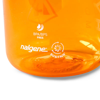 Close up of Logo on Hyperlite Mountain Gear's Nalgene® Sustain Water Bottle in Orange