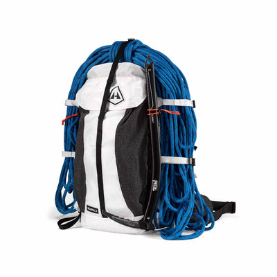 Front view of the Hyperlite Mountain Gear Headwall 55 with a rope attached via the y-strap top compression