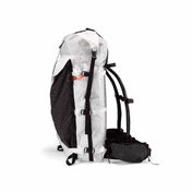 Side view of the Hyperlite Mountain Gear Headwall 55 in White showing the six dual-adjustable side compression straps for attaching skis or splitboard in A-frame carry