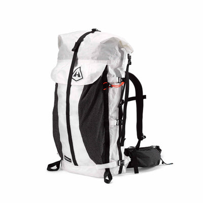 Front view of Hyperlite Mountain Gear Headwall 55 in White featuring the 21" x 11" Avalanche pocket