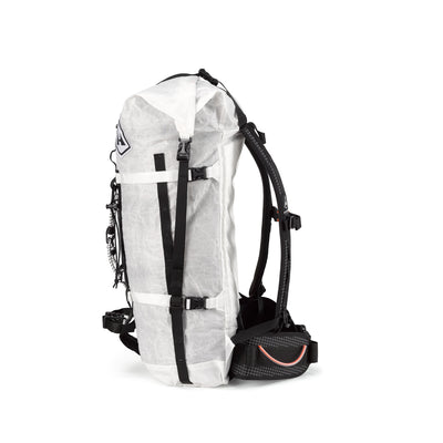 Left view of Hyperlite Mountain Gear's Ice Pack 40 Pack in White