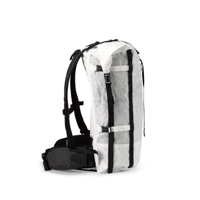 Right side view of Hyperlite Mountain Gear's Porter 40 Pack in White showing hip belt and straps