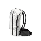 Left side view of Hyperlite Mountain Gear's Porter 40 Pack in White showing buckles and hip belt