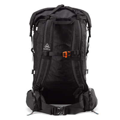 Back view of Hyperlite Mountain Gear's Porter 40 Pack in Black showing hip belt and straps