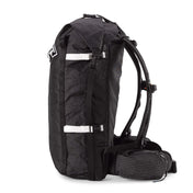 Left side view of Hyperlite Mountain Gear's Porter 40 Pack in Black showing buckles and hip belt