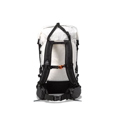 Back view of Hyperlite Mountain Gear Windrider 40 Pack in White showing hip belt and straps