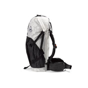 Southwest 55 Liter backpack designed with contrasting black straps and buckle on white Dyneema material