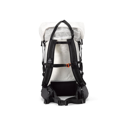 Detailed view of the Hyperlite Mountain Gear White Southwest 55 backpack's back panel with multiple strap adjustments