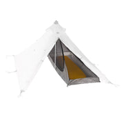 Front view of Hyperlite Mountain Gear Shelters UltaMid 2 Half Insert inside white tent with sleeping bag inside