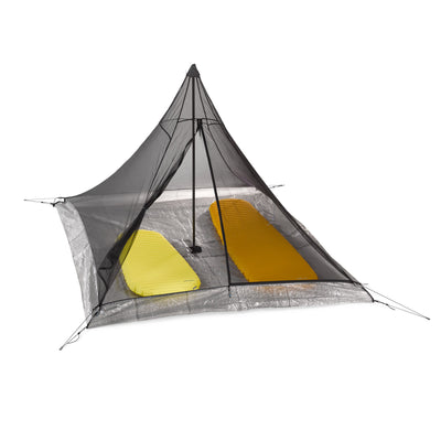 Front view of Hyperlite Mountain Gear Shelters UltaMid 2 Insert with DCF11 Floor without tent, with two sleeping bags inside
