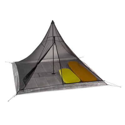 Front view of Hyperlite Mountain Gear Shelters UltaMid 4 Insert with DCF11 Floor without tent, with two sleeping bags inside on right side