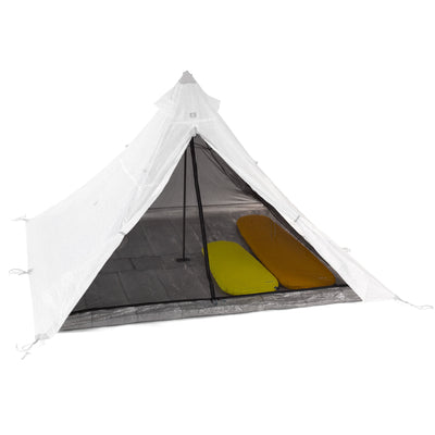 Front view of Hyperlite Mountain Gear Shelters UltaMid 4 Insert with DCF11 Floor inside white tent with two sleeping bags inside on right side
