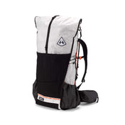 Front view of the Hyperlite Mountain Gear Unbound 55 in White with the large dual-entry front pocket